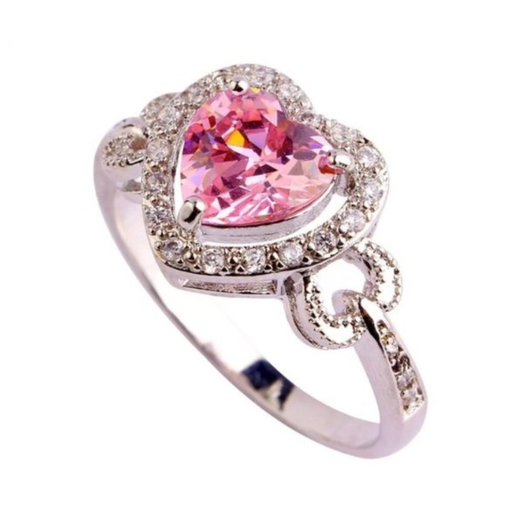 NEW! SILVER PINK HEART DIAMONDS RING
